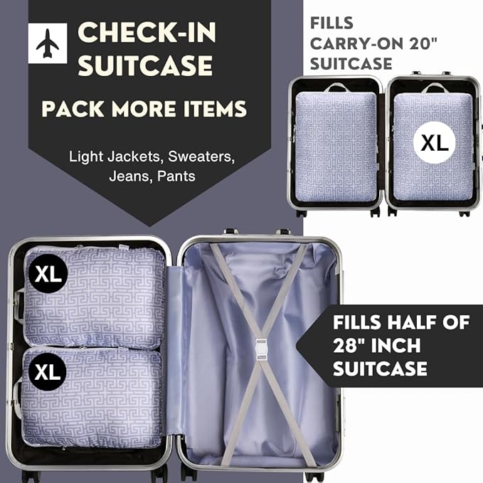 Extra Large Compression Packing Cubes for Checked Luggage, Lightweight Suitcase Organizers & Space Saver Bags - Travel Cubes for Packing - Travel Essentials - 2 Piece Set, X-Large - Light Blue Boho