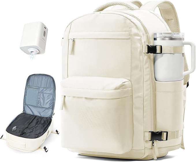 Vacuum Travel Backpack with Pump for Women,Personal Item Carry on Backpacks Flight Approved 18x14x8 inches for Men,Laptop Waterproof Work Compression bags Casual Daypack. Beige.