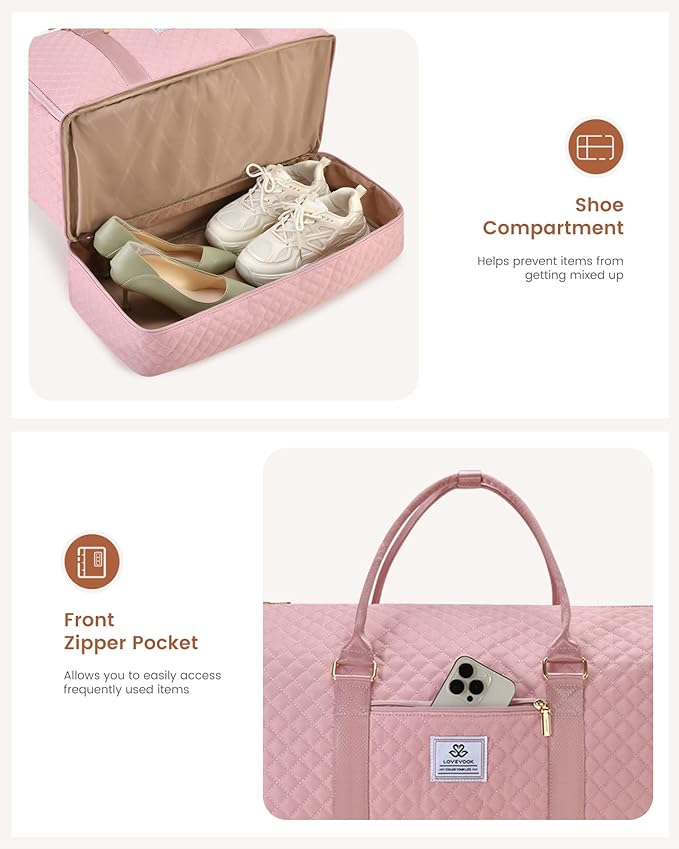 LOVEVOOK Convertible Garment Bag for Travel with Shoe Pouch, Carry On Garment Duffel Bag with Toiletry Bag, 2 in 1 Hanging Suitcase Suit Bag, Waterproof Weekender Bag for Women Travel, Wedding, Pink