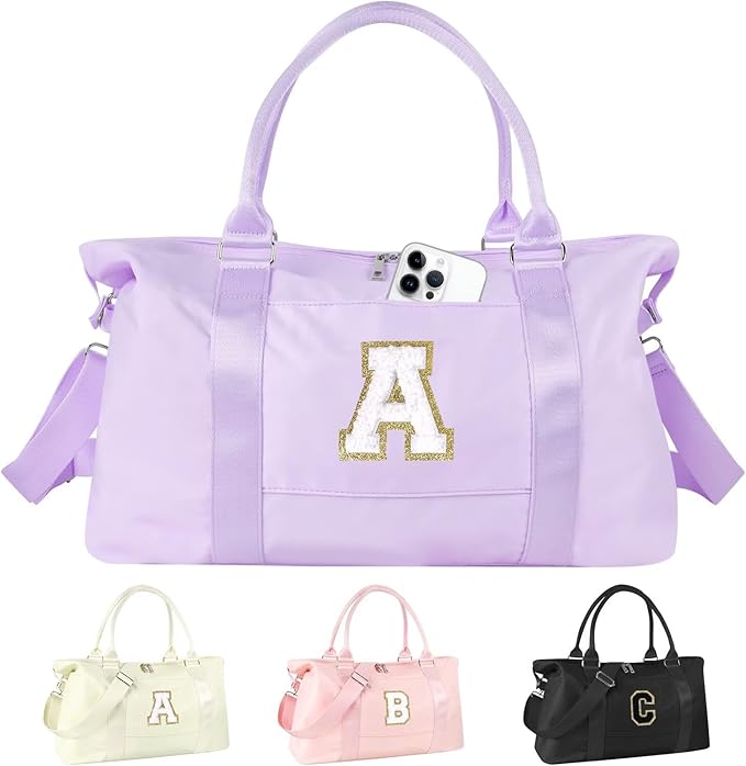 Dance Gym Duffel Bag for Teen Girls, Personalized Initial Travel Weekender Bag,Cute Overnight Carry On Duffle for Women,Sports Travel Cheer Bag,Monogram Christmas Gifts for Tween Preppy(purple-A)