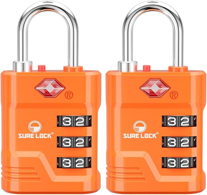 SURE LOCK TSA Approved Luggage Lock – 3-Digit Resettable Combination Padlock with Open Alert Red Dot, Large Easy-Read Dials for Suitcases, Backpacks, Gym & School Lockers (Orange 2 pk)