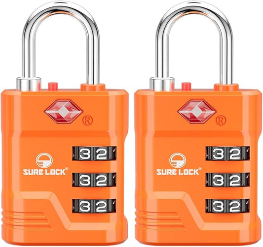 SURE LOCK TSA Approved Luggage Lock – 3-Digit Resettable Combination Padlock with Open Alert Red Dot, Large Easy-Read Dials for Suitcases, Backpacks, Gym & School Lockers (Orange 2 pk)