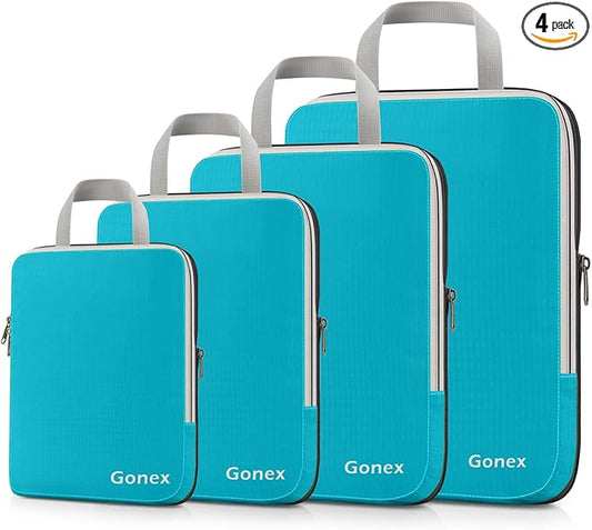 Gonex Compression Packing Cubes, 4pcs Expandable Storage Travel Luggage Bags Organizers (Blue)
