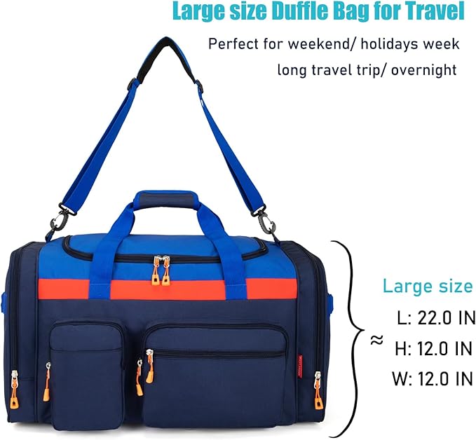 HawLander Large Kids Duffle Bag for Travel, Overnight, or Weekender, 22" inch (Dark Blue)