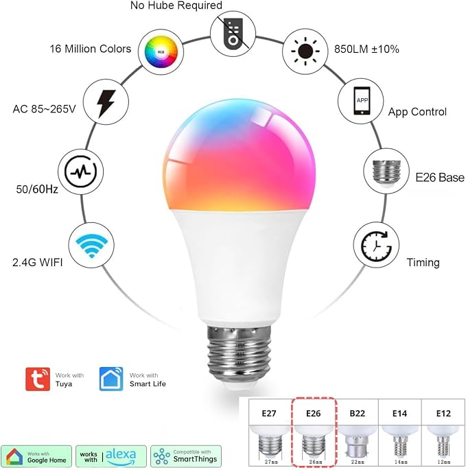 A19 Smart Light Bulb, 9W 900LM RGB+CCT LED Bulb - 16 Million Vibrant DIY Colors, Music Sync via Tuya, Works with Alexa & Google Assistant - 2.4GHz No Hub Required for Home Decor(4Pack)