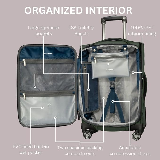 Ricardo Beverly Hills Avalon Softside Carry-On Luggage Made with Sustainable 100% Recycled PET (rPET), Lightweight, Eco-Friendly Travel, Expandable, Dual Spinner Wheels, Storm Blue, 20-inch