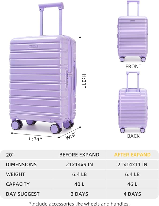 LARVENDER Carry On Luggage 22x14x9 Airline Approved, 20 Inch Expandable PC+ABS Hardside Suitcase Carry On Luggage with Spinner Wheels TSA Lock for Women Men (Lavender)