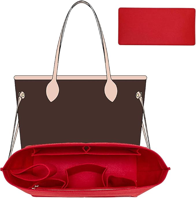 Purse Organizer Insert, Felt Zipper Bag Organizer with Base Shaper, Handbag Tote Dividers for Inside Purse Accessories, Compatible with Neverfull PM and More,Red/M