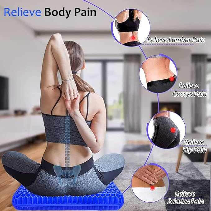 Gel Seat Cushion for Long Sitting, Extra Thick Gel Cushion for Wheelchair Soft Chair Pads Cushions for Office Home Chairs Car Seats Long Trips - Back Sciatica Hip Tailbone Pain Relief Cushion (Blue)