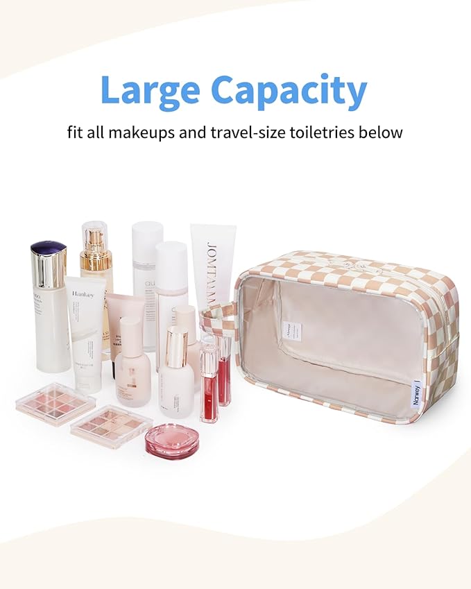 Narwey Clear Toiletry Bags for Traveling Women Men, Clear Travel Bags for Toiletries Makeup Bag Cosmetic Bag with Zipper, Make Up Organizer, Skincare Bag (Light Brown Checkerboard)