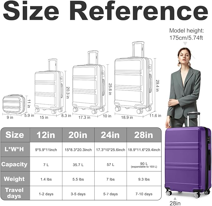 Kono 4 Piece Luggage Sets Expandable(only 28") with Spinner Wheels TSA Lock Lightweight PC+ABS Hardside Travel Rolling Suitcases 20in 24in 28in Carry on and 12in Mini Cosmetic Case Purple