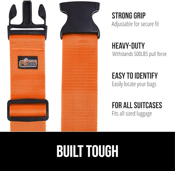 GORILLA GRIP Heavy Duty Adjustable Luggage Straps for Suitcases, Easy to Identify Travel Belt Connector Holds Suitcase Together, Extends Life of Bag, Strap Connects Two Bags, Accessories 2 Pack Orange