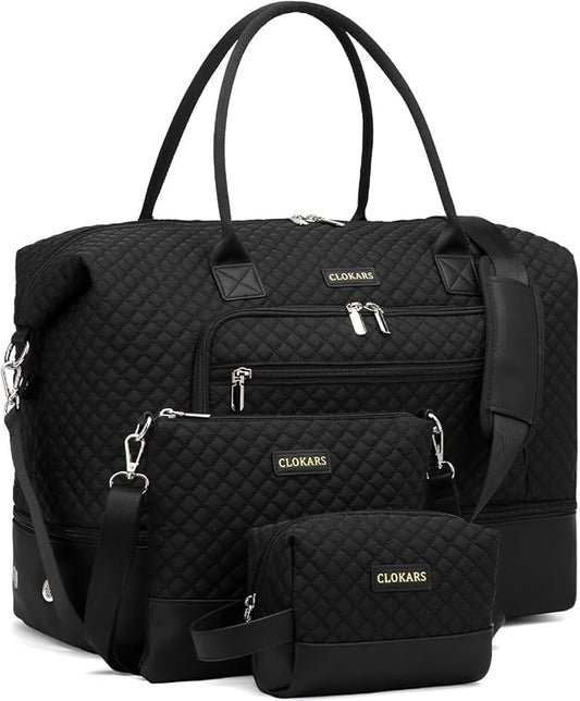 Weekender Bags for Women, Travel Duffle Bag Carry On Overnight Bag with Cosmetics Bag and Crossbody Purse for Gym Hospital, Gifts for Women, Black