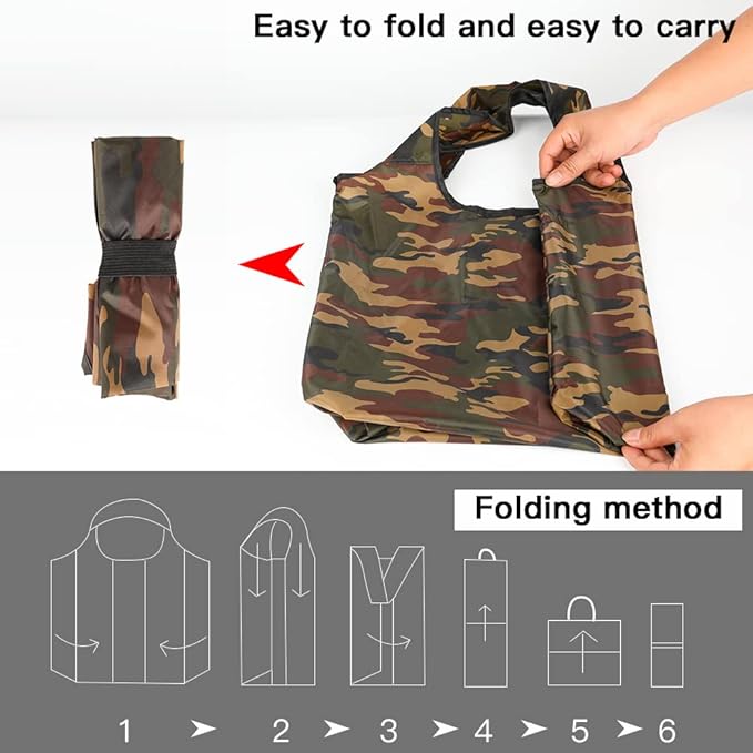 Aricsen 20 Pack 15x4.5x15 Inch Camo Reusable Shopping Bags with Handles Bulk, Foldable Grocery Bags, Machine Washable Durable Nylon Tote Bags, Polyester Fabric Cloth