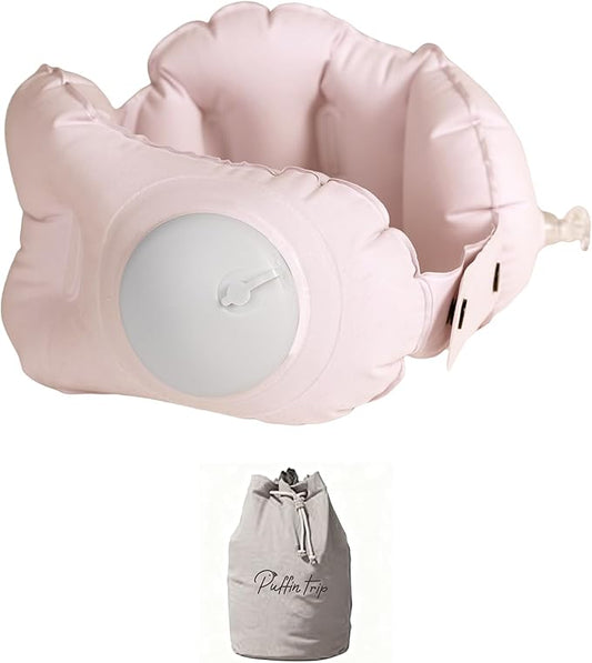 Ultralight Inflatable Travel Neck Pillow Press to Inflate Leak-Proof Design Compressible Adjustable Neck Support for Airplane Camping Driving Sleeping Business Trip Long Flights (Pink, Medium)