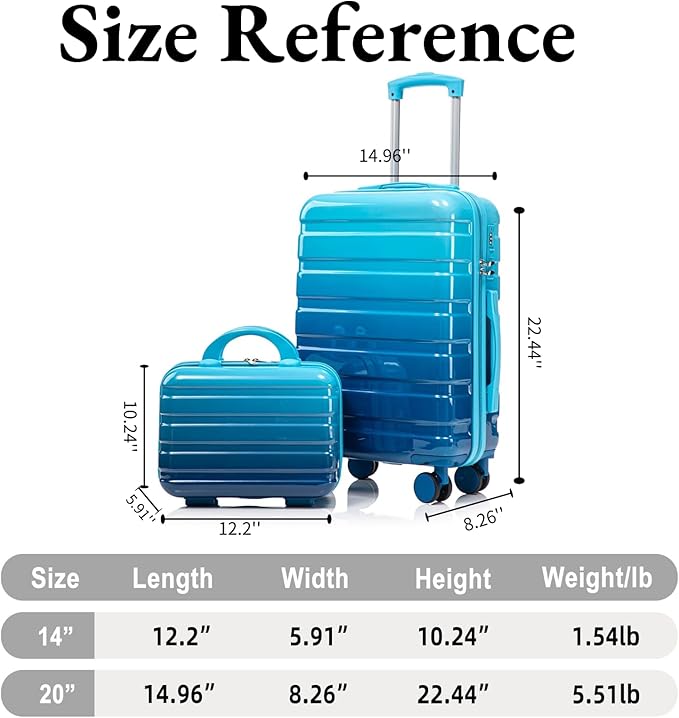 Gradient Blue-Navy Blue Luggage Set 14" & 20" - 2 Piece PC Spinner Wheel Suitcases with Combination Lock, Lightweight Carry On for Business & Vacation