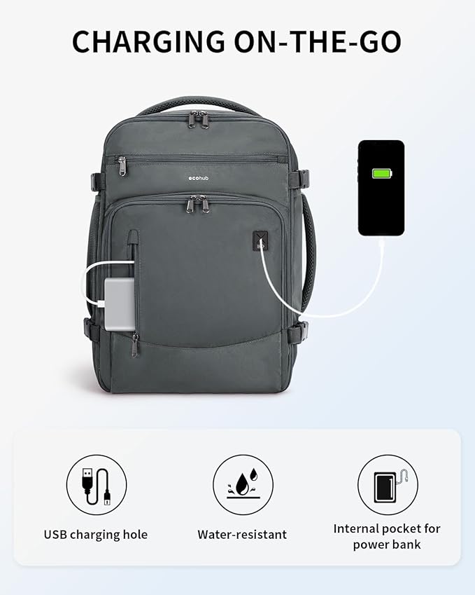 ECOHUB Travel Backpack for Men, 18x14x8 Spirit Airlines Personal Item Bag with Clear Toiletry Bag, Laptop Carry on Backpack with USB Port, Airline Approved Under Seat 14 Pockets 30L, Grey