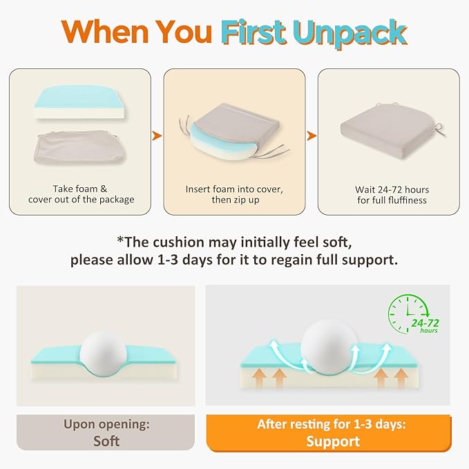 downluxe Chair Cushions for Dining Chairs, Memory Foam Linen Kitchen Chair Pads with Ties, Waterproof, Stain-Resistant and Washable Cover, 17" x 16" x 2.5", Beige, 6 Pack