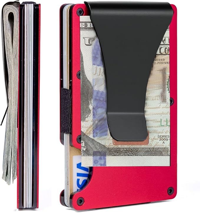 Carbon Fiber Minimalist Wallet for Men Credit Card Holder Money Clip & Cash Strap Slim RFID Mens Wallets(Matt Red)