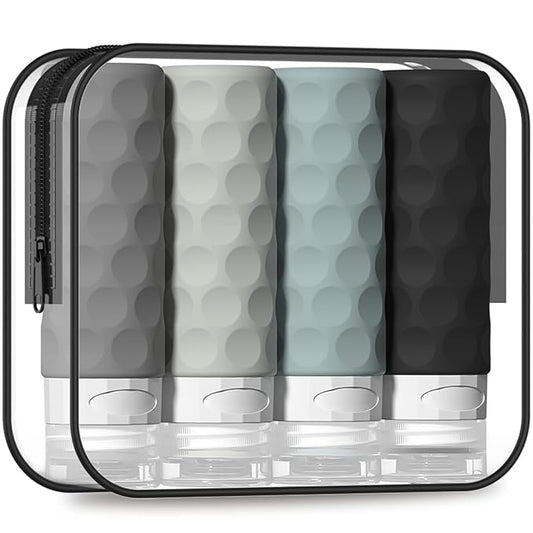 Travel Bottles for Toiletries, 4pcs Tsa Approved 3oz Travel Size Containers, BPA Free Leak Proof Premium Silicone Bottles, Refillable Liquid Squeezable Accessories W/Toiletry Bag