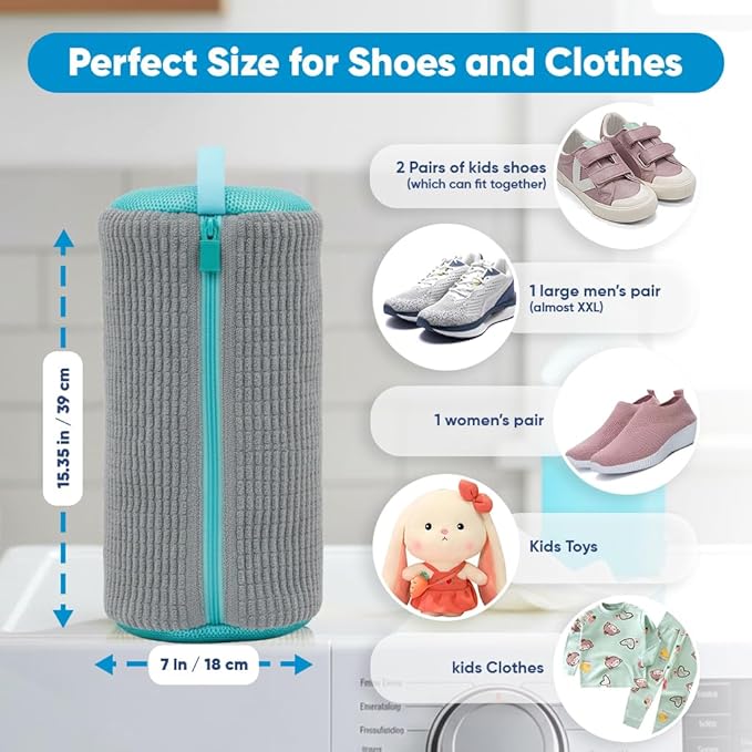 Shoe Washing Machine Bag –2 Pcs Reusable Laundry Shoe Bag with Brush & Shoe Trees, 360° Deep Cleaning Sneaker Washing Machine Bag, Fits All Shoe Types & Sizes (Yellow, 14.8 × 7.4 Inches) (2PCS Grey)