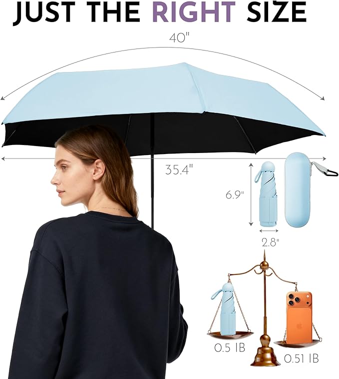 Travel Mini Umbrella Compact Small & Lightweight, UV Rain Protection, Pocket-Sized Folding Umbrellas with Quickdraw & Case for Men Women & Kids Backpack