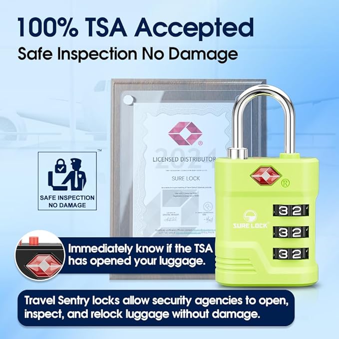 SURE LOCK TSA Approved Luggage Lock – 3-Digit Resettable Combination Padlock with Open Alert Red Dot, Large Easy-Read Dials for Suitcases, Backpacks, Gym & School Lockers