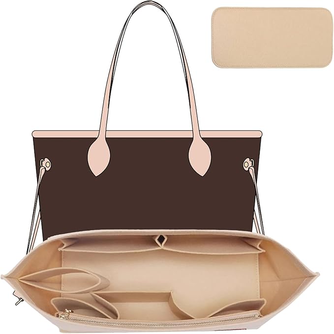 Felt Purse Organizer Insert with Zipper, Tote Bag Organizer with Base Shaper, Fits for lv Neverfull PM, City 30 and More,Lightweight Bag Dividers for Women Luxury Tote HandBags,M/Beige