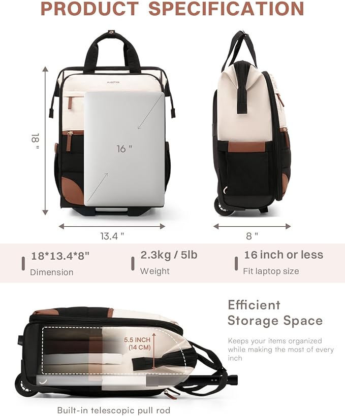 Rolling Puffer Backpack for Women, Travel Backpack with Wheels, 16 Inch Wheeled Laptop Backpck, Dual-Opening Design Overnight College Underseat Carry on Luggage, Roller Business Work Bag, Beige Brown