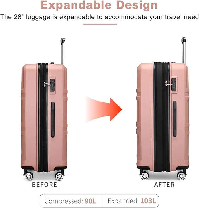 Kono Suitcase Luggage Set Expandable(only 28") Lightweight PC+ABS Carry On Hardside Luggage with TSA Lock Spinner Wheels (Nude/Rose Pink, 6 piece set)
