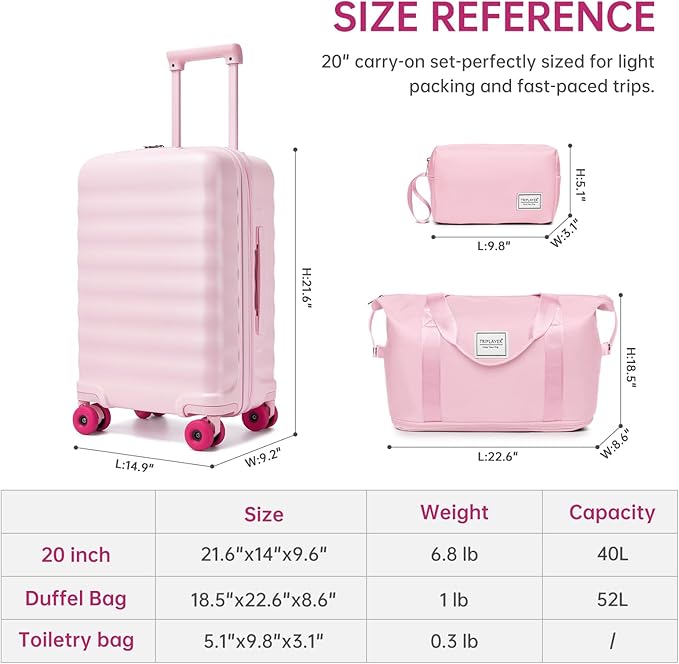 Luggage Sets 3 Piece, Carry On Luggage 22x14x9 Airline Approve PC Hardside Suitcase Set with Wheels TSA Lock, Durable Carry-On Suitcase with Duffel Bag for Women (Pink)