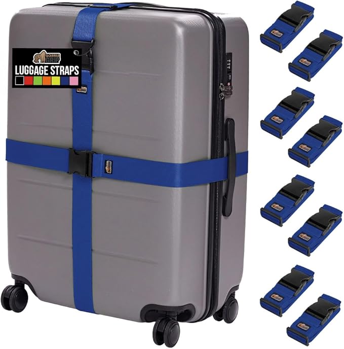 GORILLA GRIP Heavy Duty 8 Pack Adjustable Luggage Straps for Suitcases, Easy to Identify Travel Belt Connector Holds Suitcase Together, Extends Life of Bag, Strap Connects Two Bags, Accessories Blue