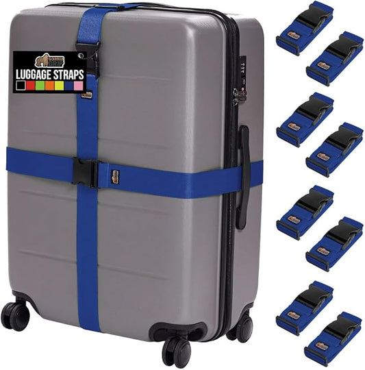 GORILLA GRIP Heavy Duty 8 Pack Adjustable Luggage Straps for Suitcases, Easy to Identify Travel Belt Connector Holds Suitcase Together, Extends Life of Bag, Strap Connects Two Bags, Accessories Blue