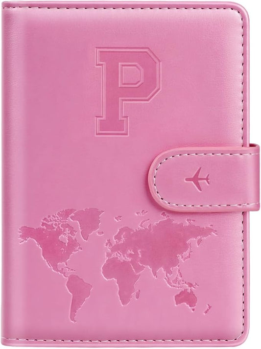 Personalized P Passport Holder Cover Initial Letter Travel Wallet RFID Blocking Passport Cover Credit Card Holder Case Passport Book Holders for Women and Men, Pink-p