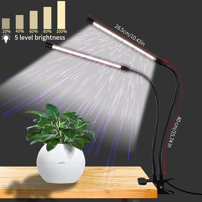 LED Grow Light,6000K Full Spectrum Clip Plant Growing Lamp with White Red LEDs for Indoor Plants,5-Level Dimmable,Auto On Off Timing 4 8 12Hrs | Desk Lamp with White Red LEDs for Indoor Plants,Clamp with Flexible Gooseneck,5-Level Dimmable,Auto Timer 4...