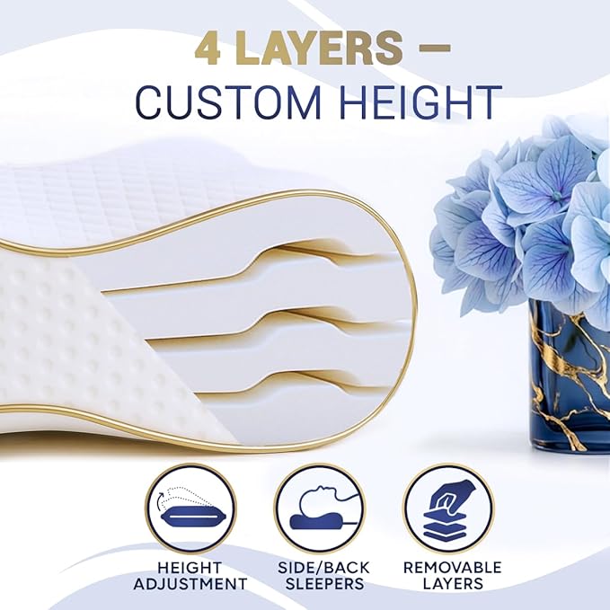 Memory Foam Pillow, Cervical Pillow, 4-Layer Queen, Contour Pillow, Side Sleeper, Neck Support, Pillow for Neck Pain, CertiPUR-US