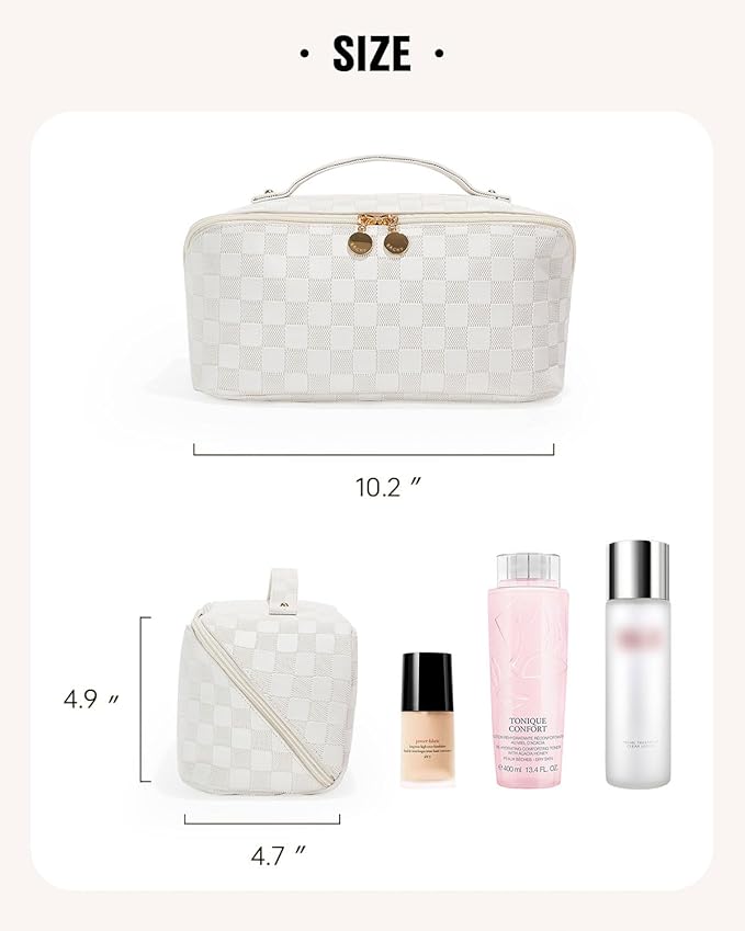 EACHY Travel Makeup Bag, Large Capacity Cosmetic Bag for Women, Waterproof PU Leather, Flat Open Portable Toiletry Bag for Skincare, Brushes & Travel Essentials