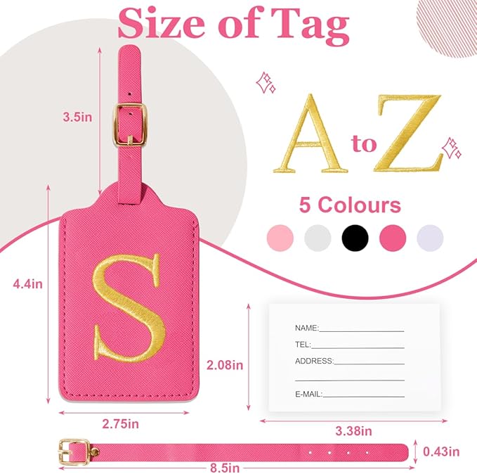 Personalized Initial Luggage Tags for Suitcases,Leather Letter Cute Luggage Tags with Privacy Name Card,Embroidered Monogrammed Travel Bag Backpack Tag Gifts for Women Kids Girls Teens(Rosered-S)