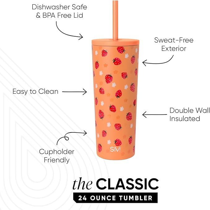 Simple Modern Classic Tumbler with Straw Lid | Insulated Iced Coffee Cup Reusable Stainless Steel Water Bottle Travel Mug | Gifts for Women Men Her Him | 24oz | Strawberry Fields