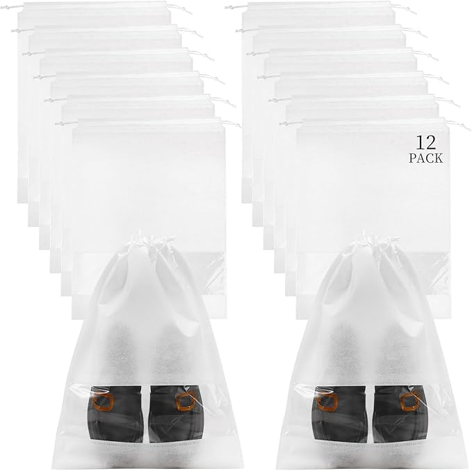 12 Pcs Portable Travel Shoe Bags, 17.3 x 12.6 Inches Waterproof Non-Woven Shoe Organizers Storage Bags, Large Drawstring Shoes Pouch Packing Organizers with Rope for Men, Women, Children (White)