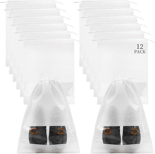 12 Pcs Portable Travel Shoe Bags, 17.3 x 12.6 Inches Waterproof Non-Woven Shoe Organizers Storage Bags, Large Drawstring Shoes Pouch Packing Organizers with Rope for Men, Women, Children (White)