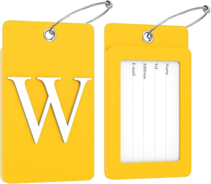 Gostwo 2 Pack Luggage Tags for Suitcases, 26 Initial Letter Travel Luggage Baggage Identification Labels ID Tag Fully Bendable Tags with Stainless Steel Loop (Yellow) (Letter W)