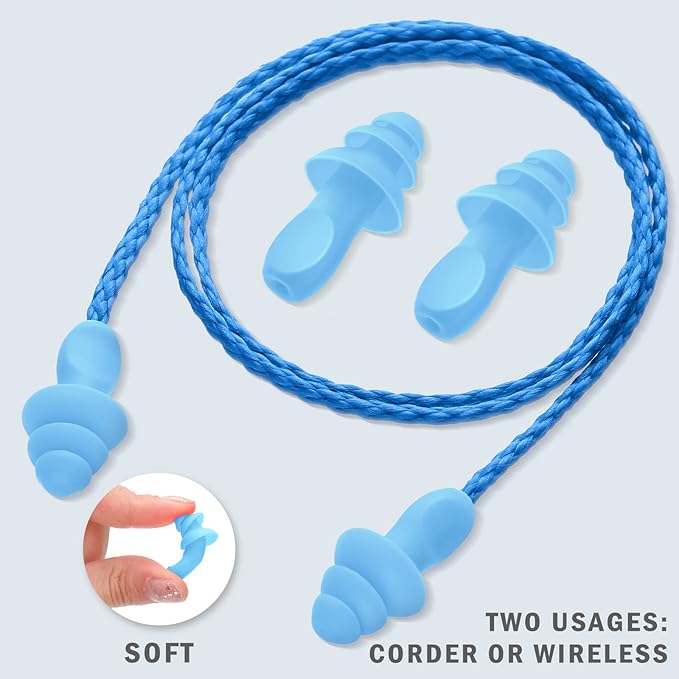 20 Pairs Corded Ear Plugs Reusable Silicone Earplugs with String Banded Ear Plug for Sleeping Noise Cancelling Noise Reduction Hearing Protection(Blue)