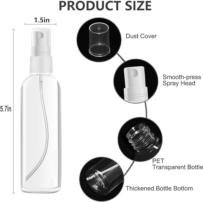 4 Pack 3.4 Oz (100ml) TSA Approved Travel Bottles, Travel Size Containers Spray Bottles with Labels - Fine Mist, Refillable, Reusable, Leak Proof