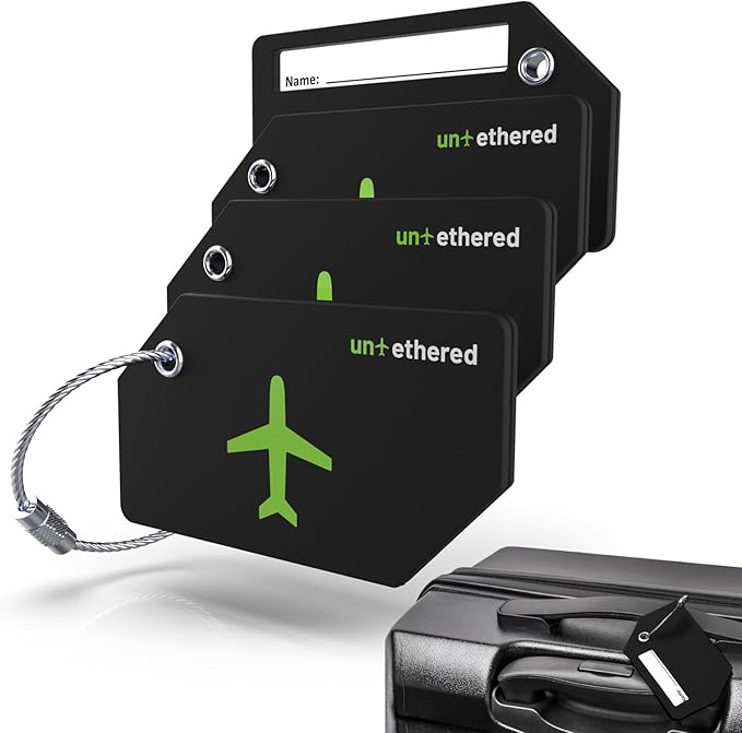 Untethered 4-Pack Luggage Tag Set | Durable Luggage Tags for Suitcases & Travel Bags | Bag Tag & Name ID Identifiers | Suitcase Tags for Easy Luggage Identification