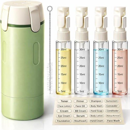 4-in-1 Travel Bottles for Toiletries, Travel Pump Bottle，Leak-Proof Shampoo Conditioner Lotion Dispenser with Pump, Compact No-Spill Toiletry Containers for Travel & Business Trips (Green)