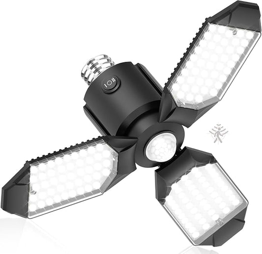 toberich Motion Sensor Garage Light, 8000LM Shop Light 6500K | 3 Modes, 3 Deformable Panels, Indoor Motion Activated Light Bulb for Garage Workshop Laundry Room Basement