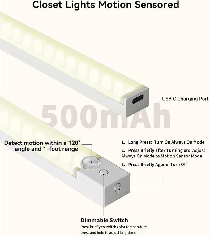 8 Inch Under Cabinet Lighting Rechargeable with Charge Station, 3Pack | Motion Sensor Light Indoor 3 Color Dimmable Closet Light, USB Stick on LED Magnetic Under Counter Lights for Kitchen Stair