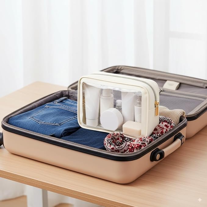 F-color TSA Approved Toiletry Bag 3 Pack Medium - Clear Makeup Bag Travel Quart Size for Women Men, Clear Cosmetic Bag Airport Airline Compliant Carry on Bag, Beige