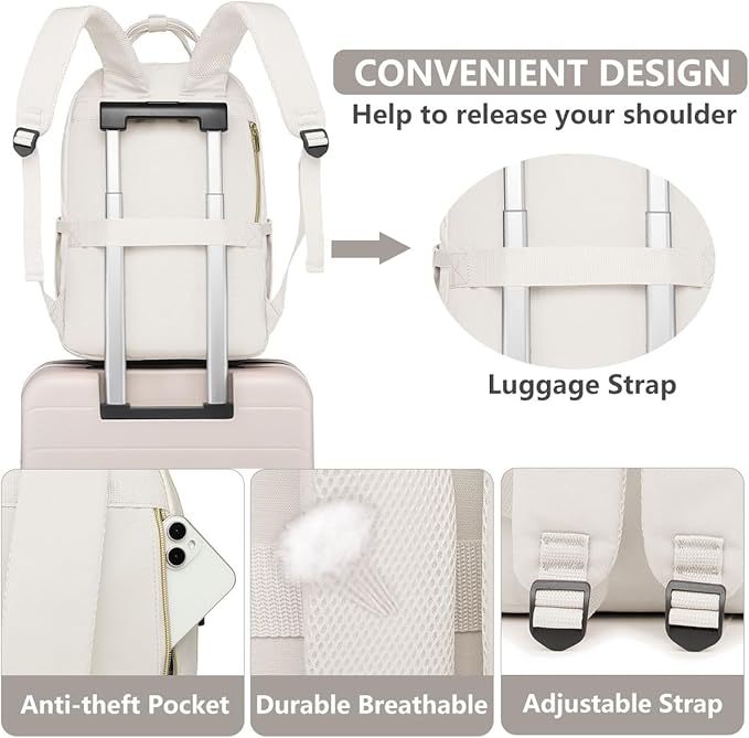 Laptop Backpack for Women Work Bag - 15.6 inch Travel Backpack with USB Charger Business Computer Backpacks for Office College Back pack for Teacher Casual Waterproof Bookbag for Nurses Beige